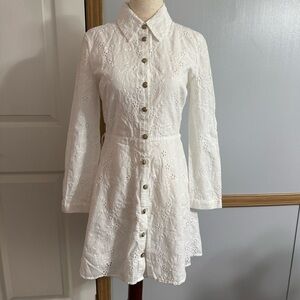 Zara White Eyelet Fit and Flare Long Sleeve Dress Size XS